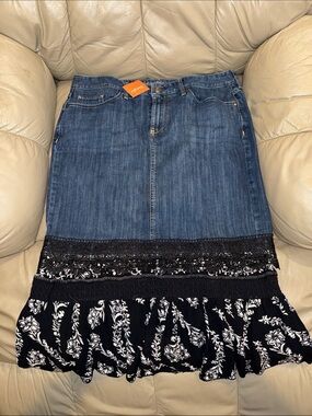 Eddie Bauer Denim and Black Floral Ruffle Midi Skirt
